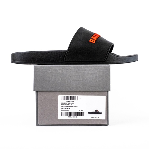 Balenciaga Black Red Pool Slide Sandals Men’s Rubber Logo - NEW - EU 43 | US 10 - Picture 2 of 16